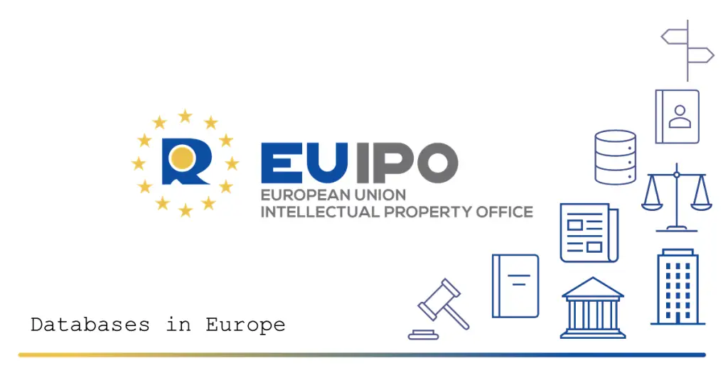 EUIPO logo with the text 'Databases in Europe' and a row of blue legal and government icons along the right edge.