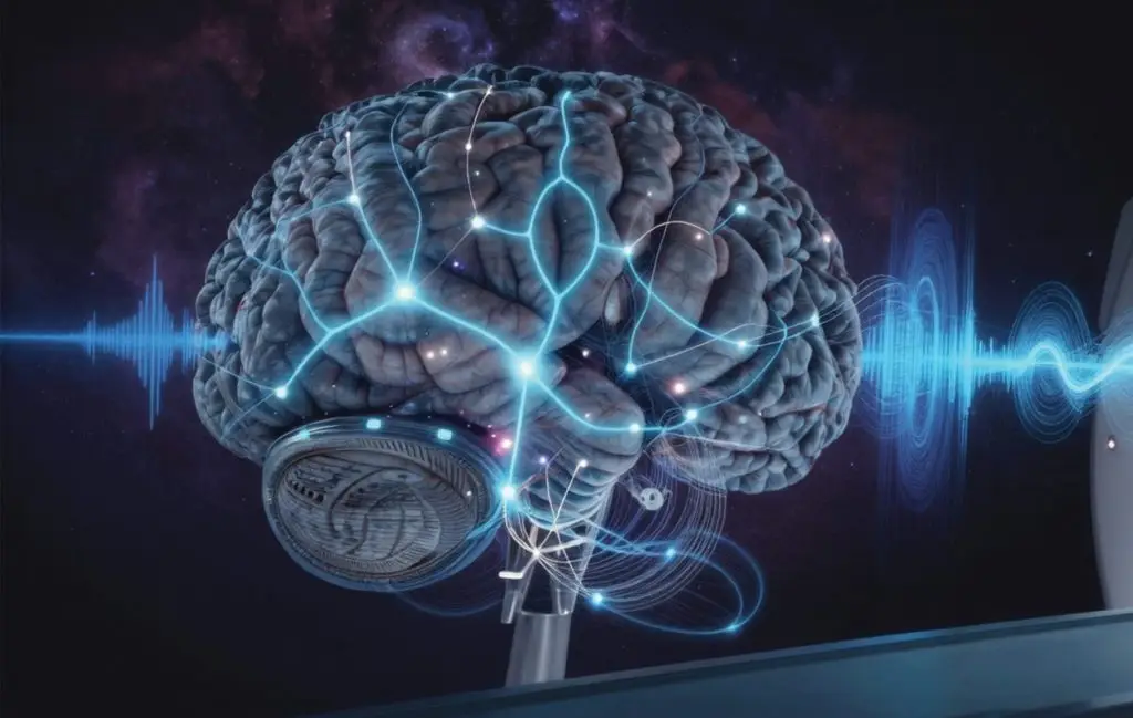 Front cover of a Persian science journal showing a detailed brain with glowing blue neural connections against a space background, plus title and URL.