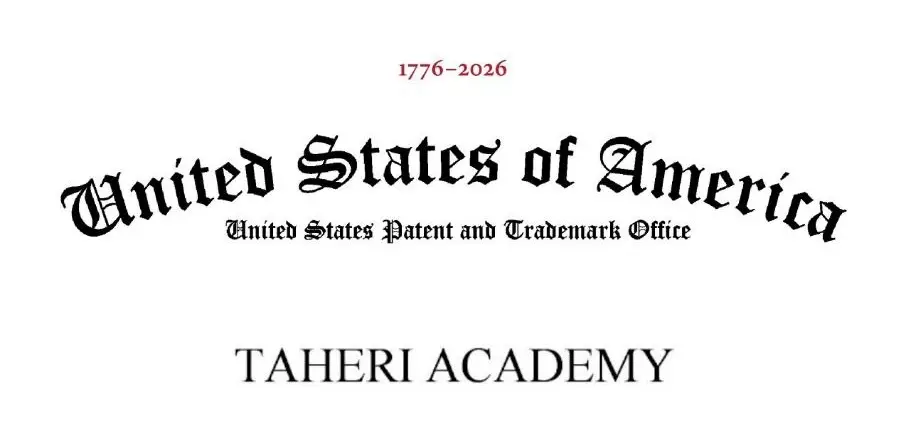 Logo-like graphic with 'United States of America' in black Gothic lettering, '1776–2026' above, small 'United States Patent and Trademark Office' text, and 'TAHERI ACADEMY' in uppercase beneath.