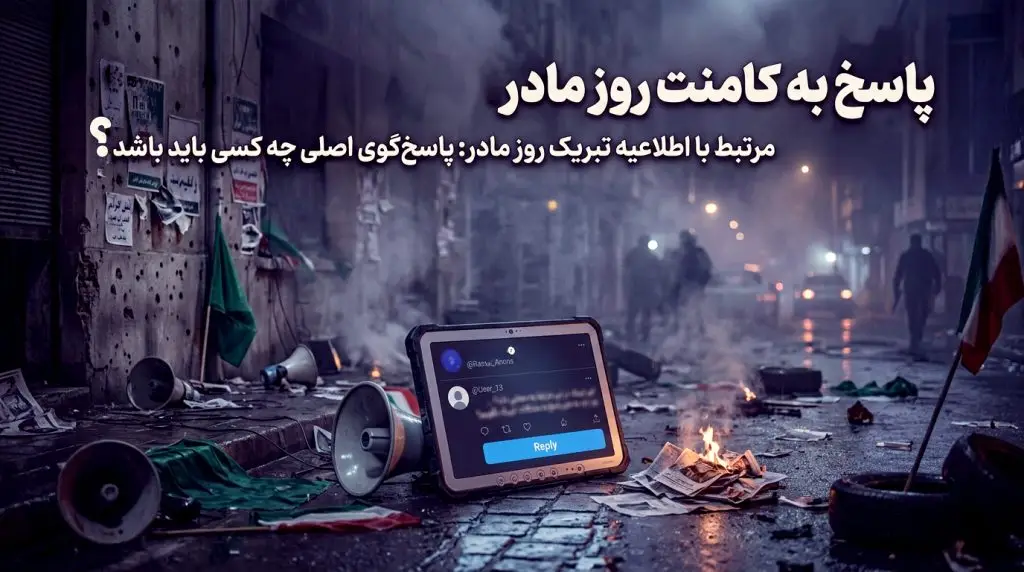 Tablet lying on a rain-soaked street among smoke, debris, and a small fire, screen showing a social‑media chat with a 'Reply' button.