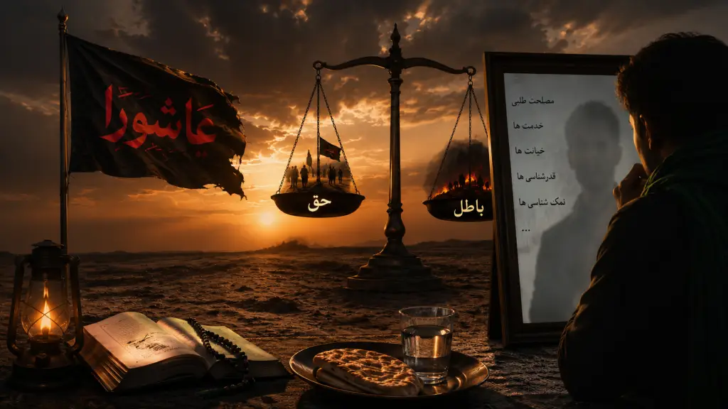 Desert sunset with a large balance scale; left flag reads 'Ashura', with a man facing a framed Persian text, foreground includes a lantern, open book, beads, bread and a glass of water.