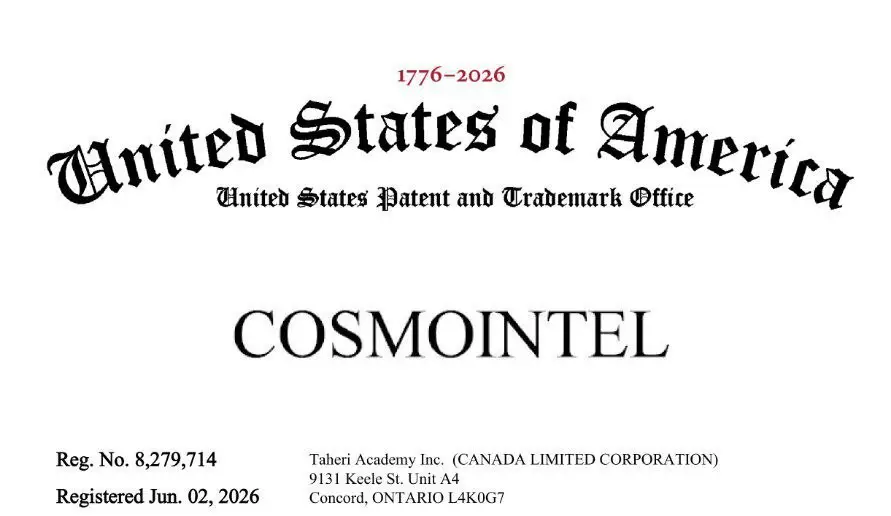 US patent certificate header featuring 'COSMONTEL' as the mark, with registration number and date visible