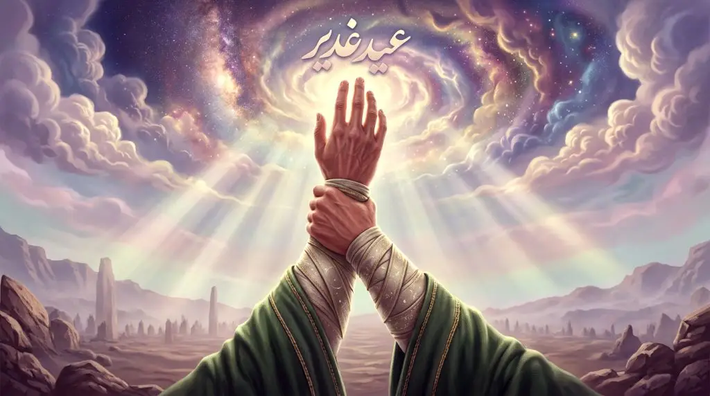 Two bound wrists raised in unity beneath a radiant, celestial sky with Arabic Eid al-Fitr text above.