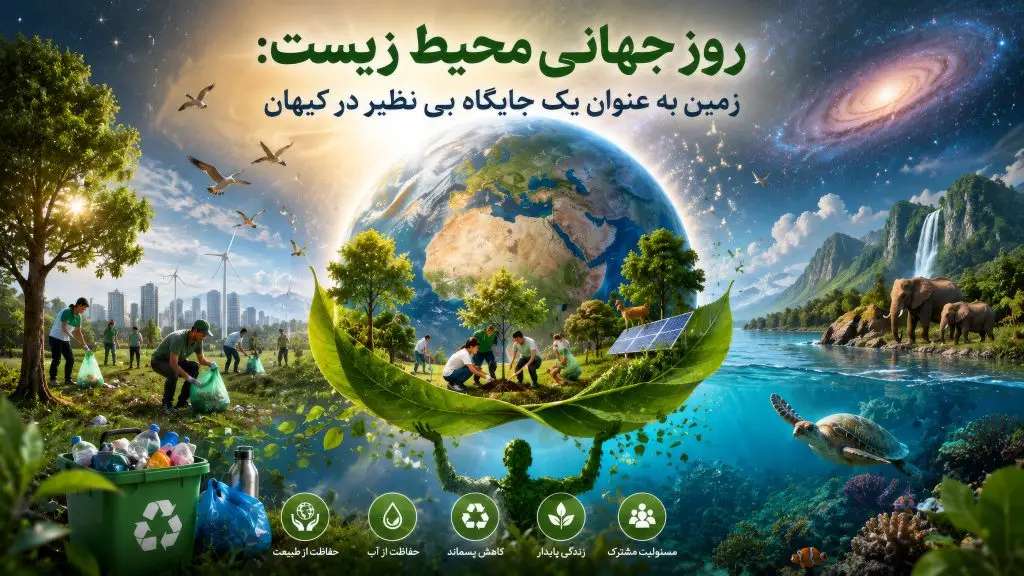 Environmental awareness banner showing a large Earth surrounded by trees, volunteers cleaning a park, recycling bins, wind turbines, and wildlife under a cosmic sky with Persian text about World Environment Day and nature protection.
