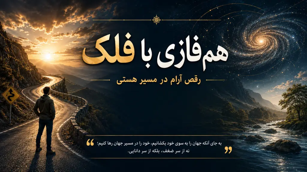 شخصی با کوله‌پشتی کنار جاده کوهستانی در غروب خورشید، منظره‌ای با آسمان ستاره‌ای و کهکشان و متن فارسی مرکزی